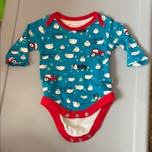Frugi Blue and Red Sheep Farm Print Bodysuit with Snaps